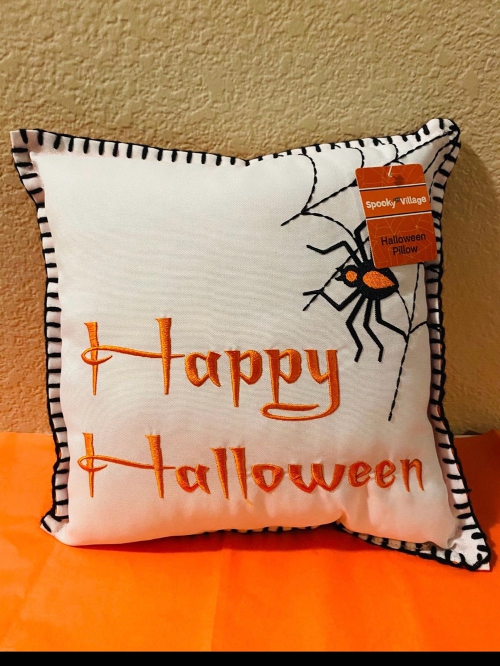 Happy Halloween Decorative Pillow with Spider Accent